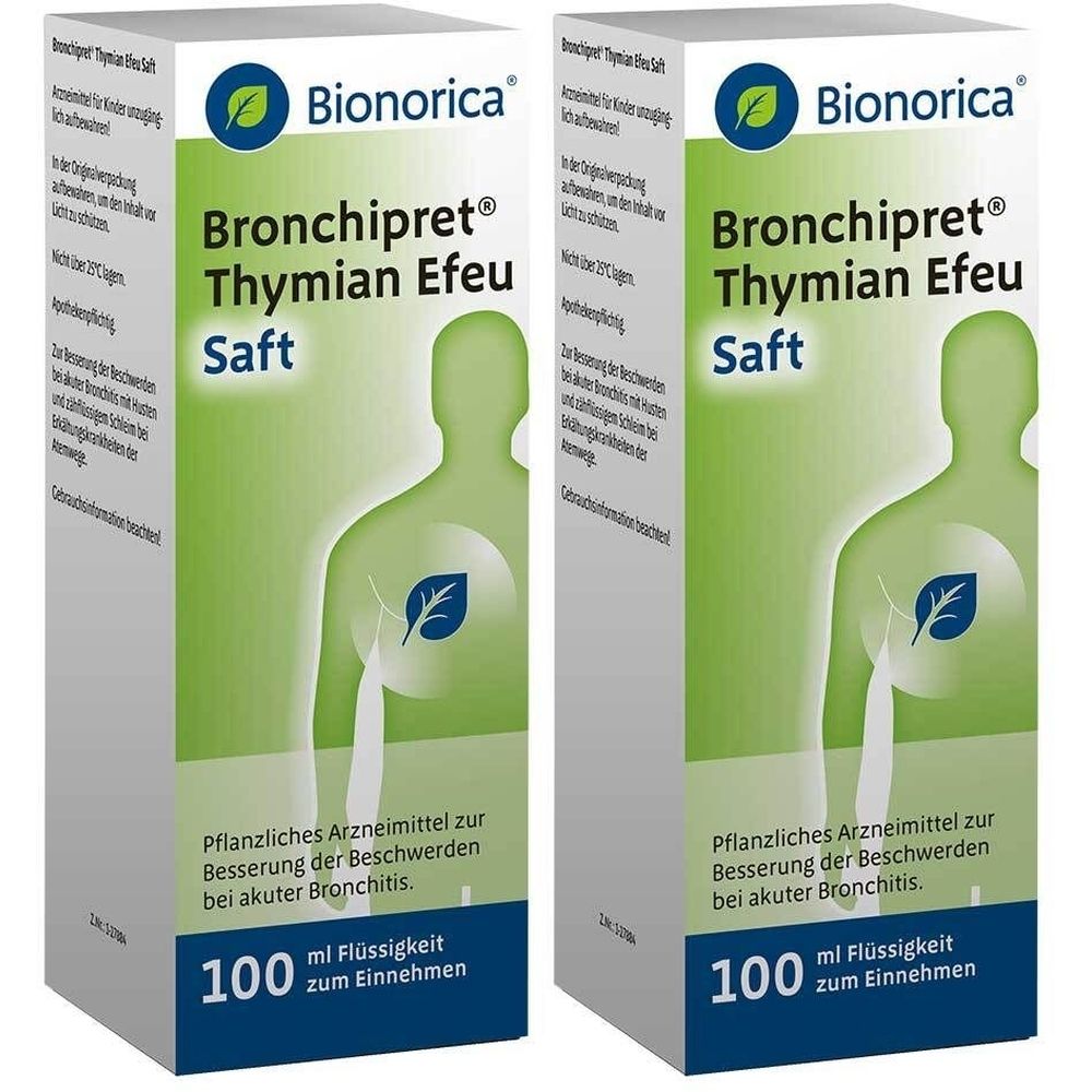 Zwei rechteckige Kartons mit Produktaufdruck. Aufschrift: Bronchipret Thymian Efeu Saft. Marke: Bionorica. 100 ml Flüssigkeit.
