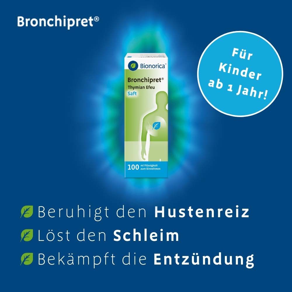 Verpackung und Flasche von Bronchipret® Saft. Text: Für Kinder ab 1 Jahr! Text: Beruhigt den Hustenreiz, löst den Schleim, bekämpft die Entzündung.