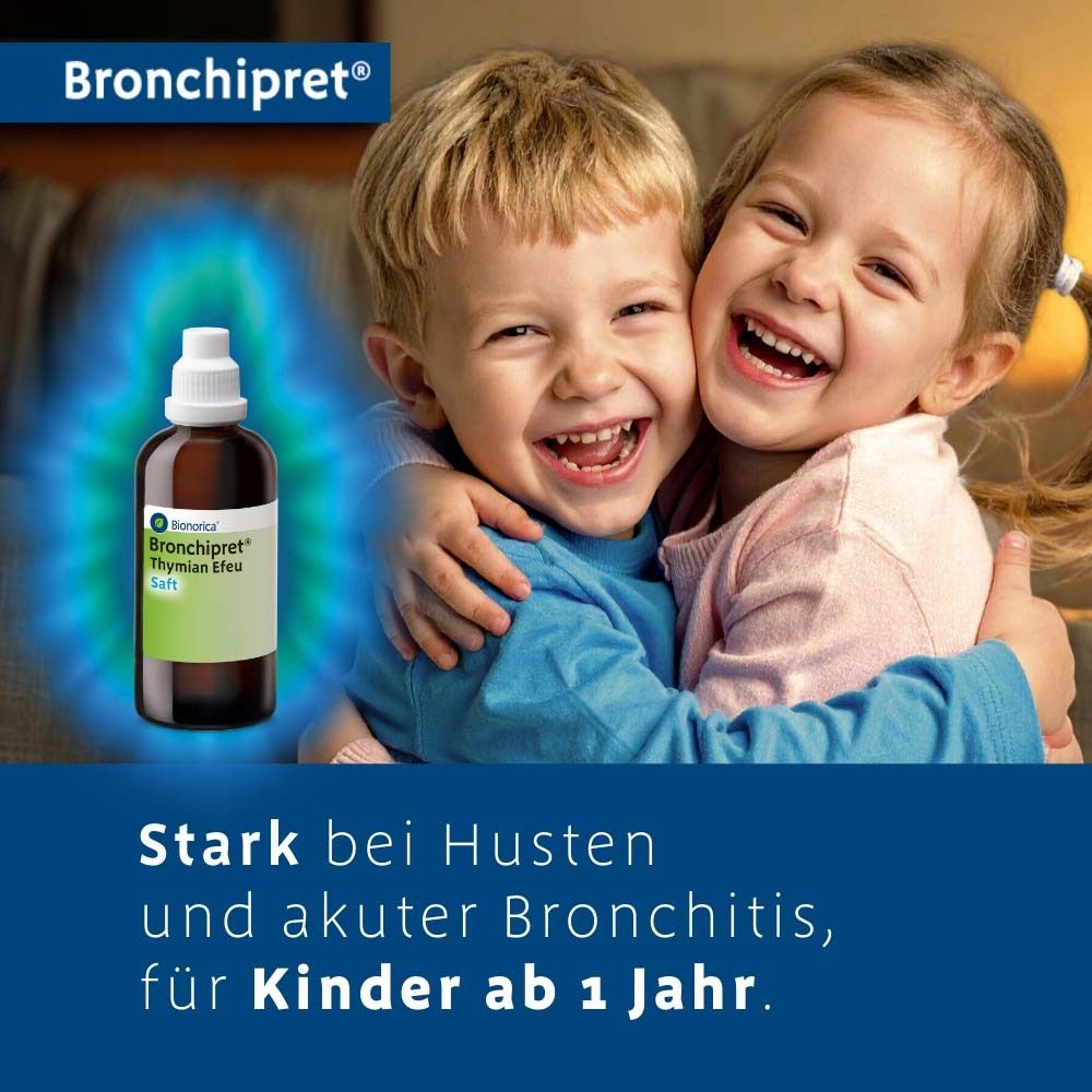 Flasche von Bronchipret® Saft neben zwei Kindern. Text: Stark bei Husten und akuter Bronchitis, für Kinder ab 1 Jahr.