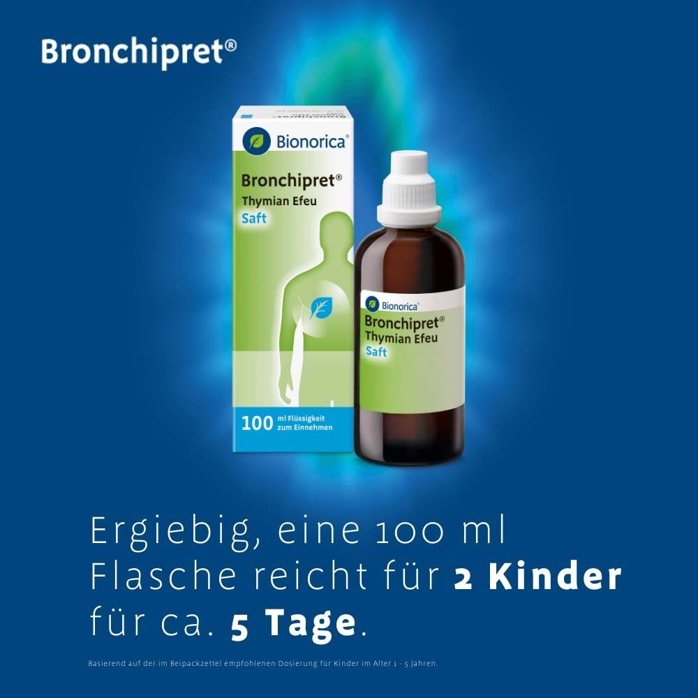 Eine Flasche und Verpackung von Bronchipret® Saft. Braune Flasche mit weißem Verschluss. Text: Ergiebig, eine 100 ml Flasche reicht für 2 Kinder für ca. 5 Tage.