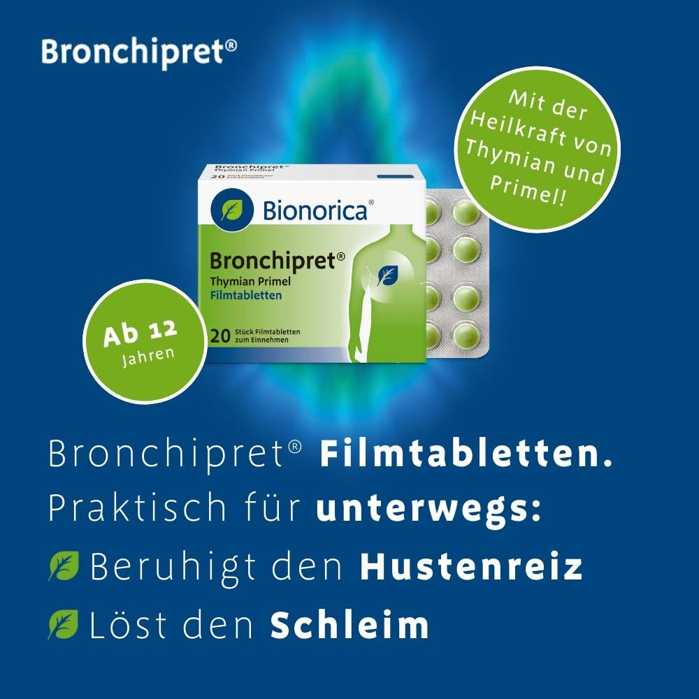 Verpackung von Bronchipret® Filmtabletten. Text: Ab 12 Jahren. Text: Beruhigt den Hustenreiz, löst den Schleim.