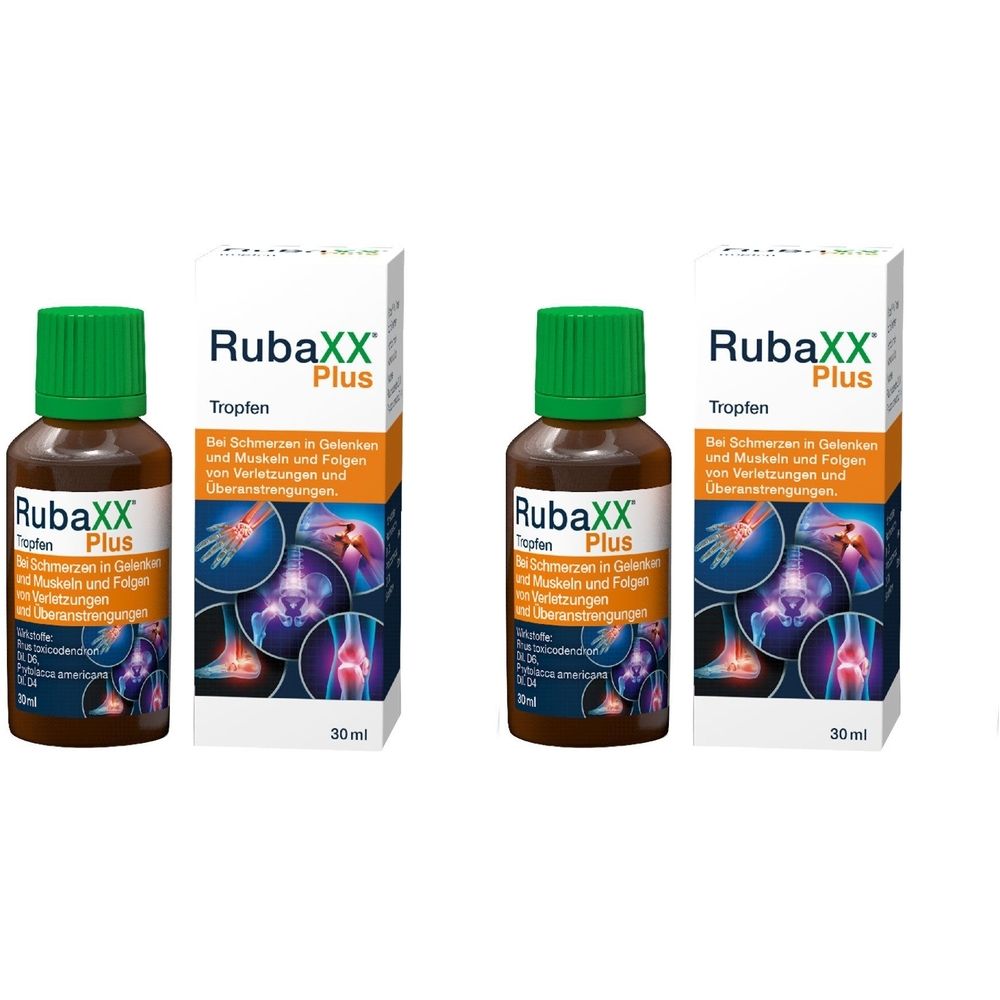 Zwei Flaschen und zwei Schachteln RubaXX Plus Tropfen. Braune Flaschen mit grünen Deckeln. Weiße Schachteln mit Produktnamen und Illustrationen.