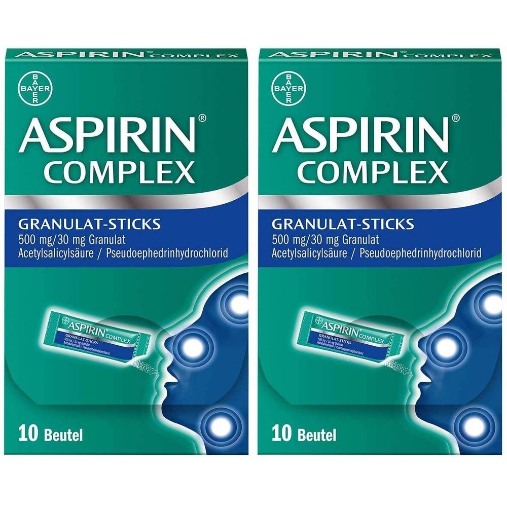Zwei Packungen Aspirin Complex Granulat-Sticks. Grün-weißes Design mit Produktnamen und Inhaltsangaben. 10 Beutel pro Packung.