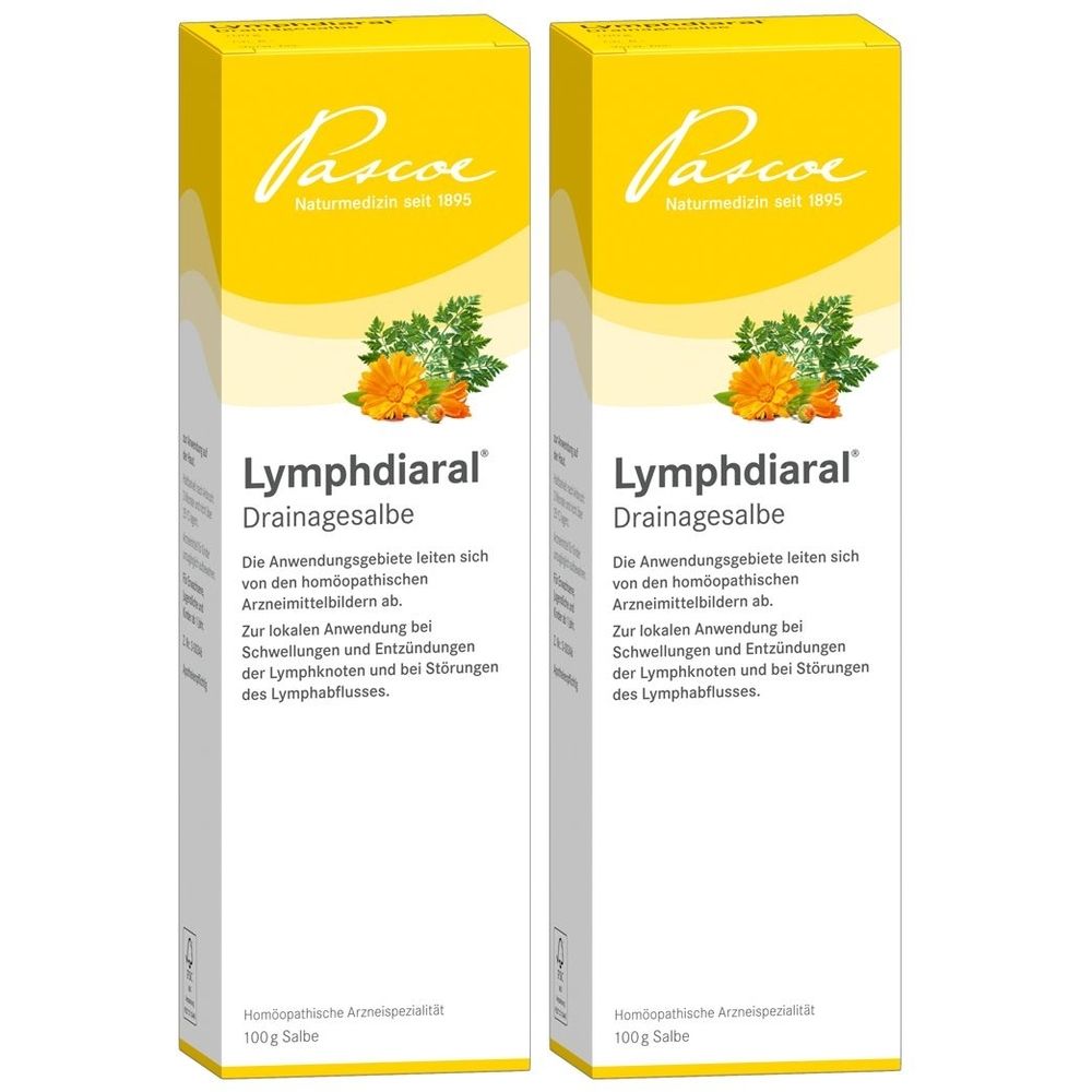 Zwei rechteckige Faltschachteln. Aufdruck: Lymphdiaral Drainagesalbe, Pascoe Naturmedizin. Gelb-weiße Farbgebung mit floralem Motiv. Text in Deutsch.
