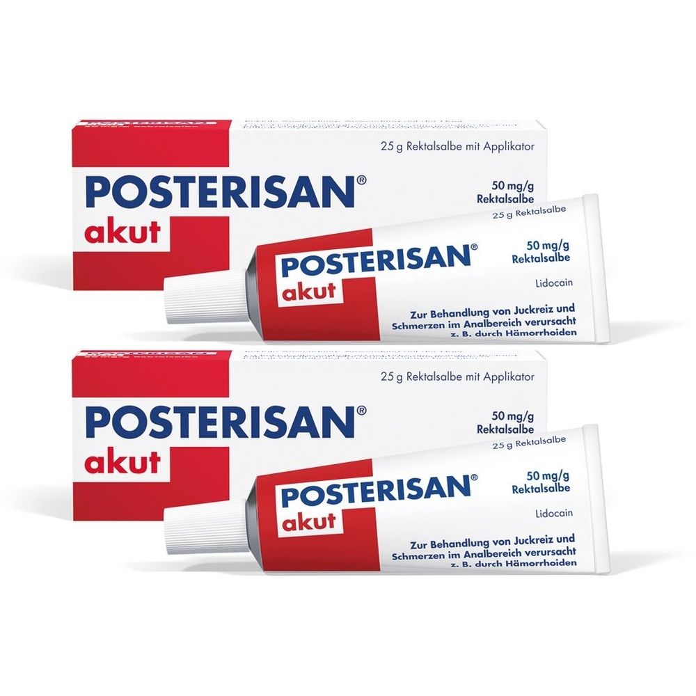 Zwei Tuben und zwei Schachteln. Aufschrift: POSTERISAN akut, 50 mg/g Rektalsalbe. Enthält Lidocain. Mit Applikator.