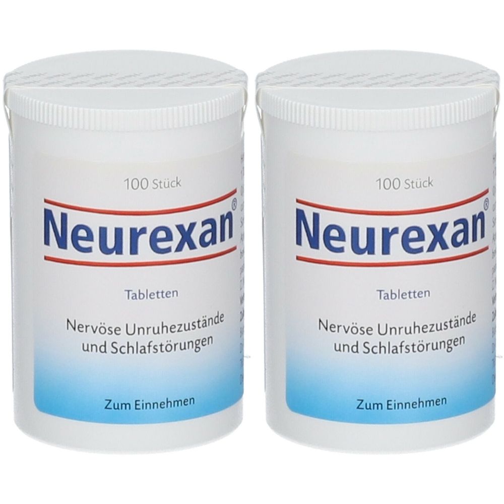 Zwei weiße Tablettenbehälter mit Deckel. Aufschrift "Neurexan", "Tabletten", "Nervöse Unruhezustände und Schlafstörungen".
