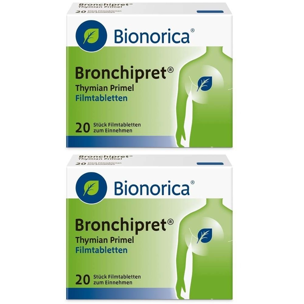 Zwei Schachteln mit dem Produkt Bronchipret Thymian Primel. Aufschrift: Bionorica, 20 Filmtabletten. Grün-weiße Verpackung.