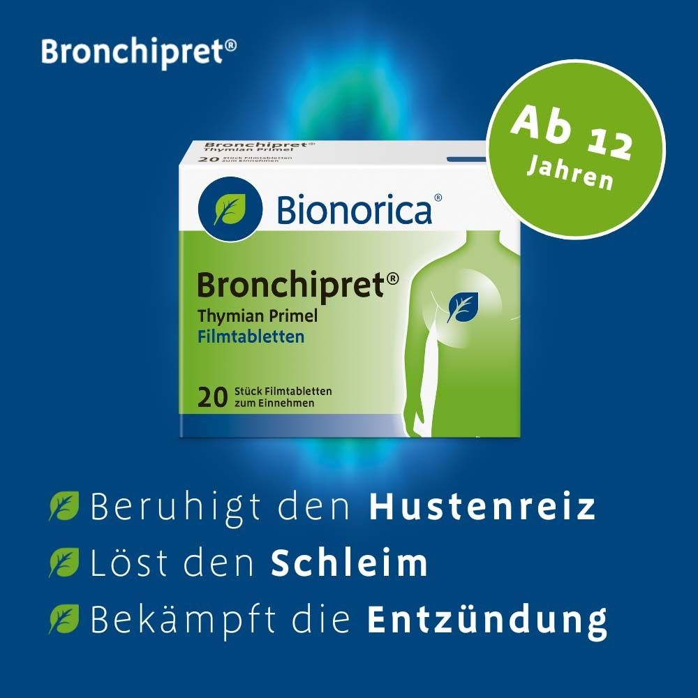 Bronchipret® Filmtabletten Packung. Text: Beruhigt den Hustenreiz, Löst den Schleim, Bekämpft die Entzündung. Ab 12 Jahren.
