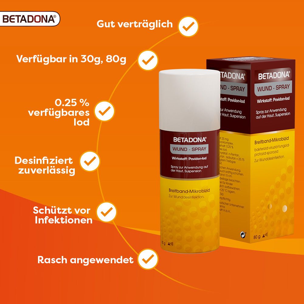 Betadona Wund-Spray Flasche und Verpackung. Aufschrift: Wund-Spray, 0,25% verfügbares Iod. Gelb-braunes Design.