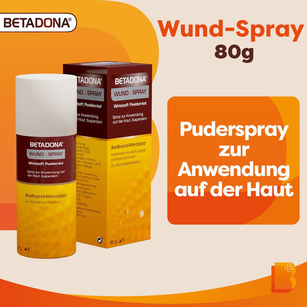Betadona Wund-Spray Flasche und Verpackung. Aufschrift: Wund-Spray 80g. Puderspray zur Anwendung auf der Haut.