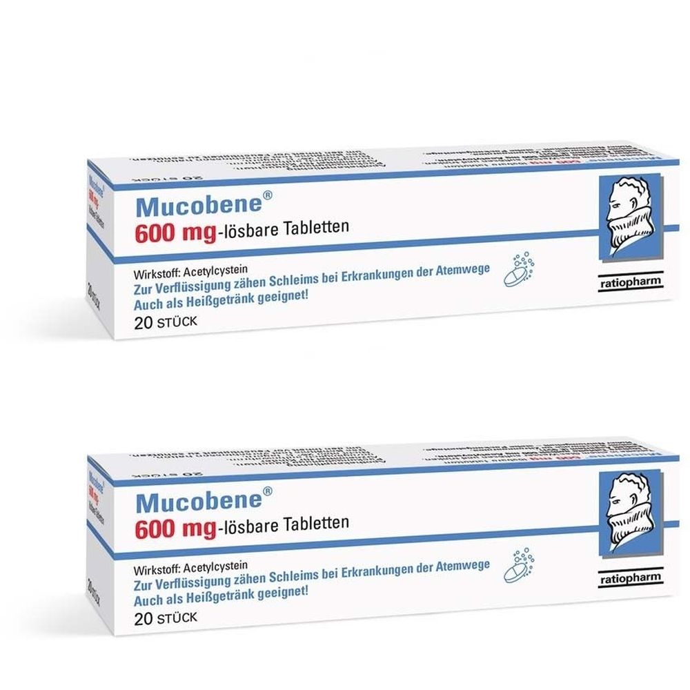 Zwei Schachteln Mucobene® 600 mg Tabletten. Weiße Verpackung mit blauer Schrift. Enthält 20 Tabletten. Marke ratiopharm.