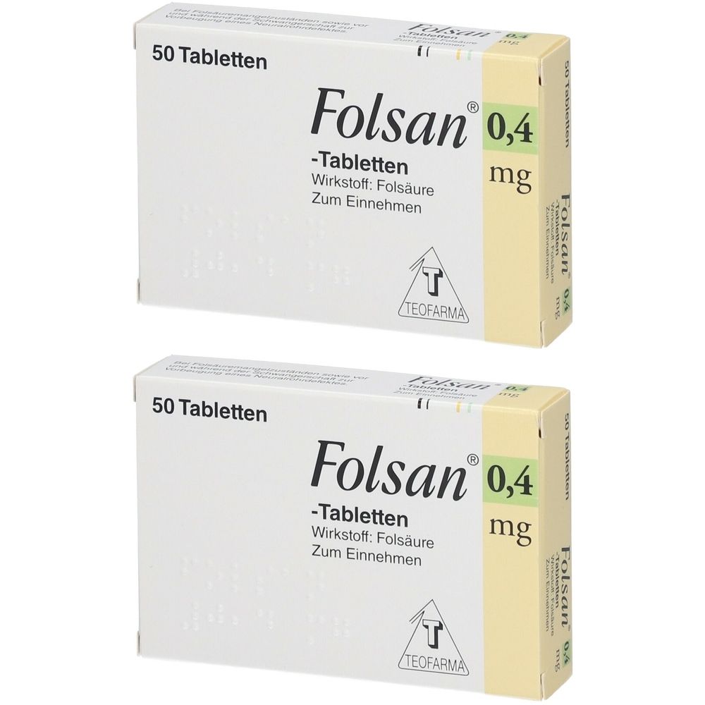 Zwei Schachteln Folsan 0,4 mg Tabletten. Aufschrift: 50 Tabletten, Wirkstoff Folsäure. Hersteller: Teofarma.