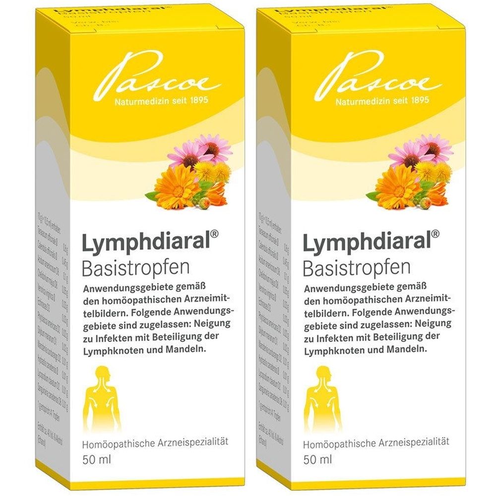 Zwei gelbe Kartons mit "Lymphdiaral Basistropfen"-Aufdruck. Oben steht "Pascoe". Aufdrucke in Deutsch.