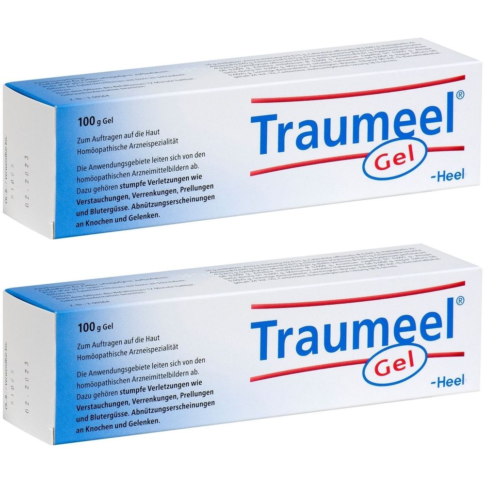 Zwei Tuben Traumeel® Gel. Weiße Tuben mit blauer und roter Beschriftung. Aufschrift: Traumeel® Gel, 100 g.