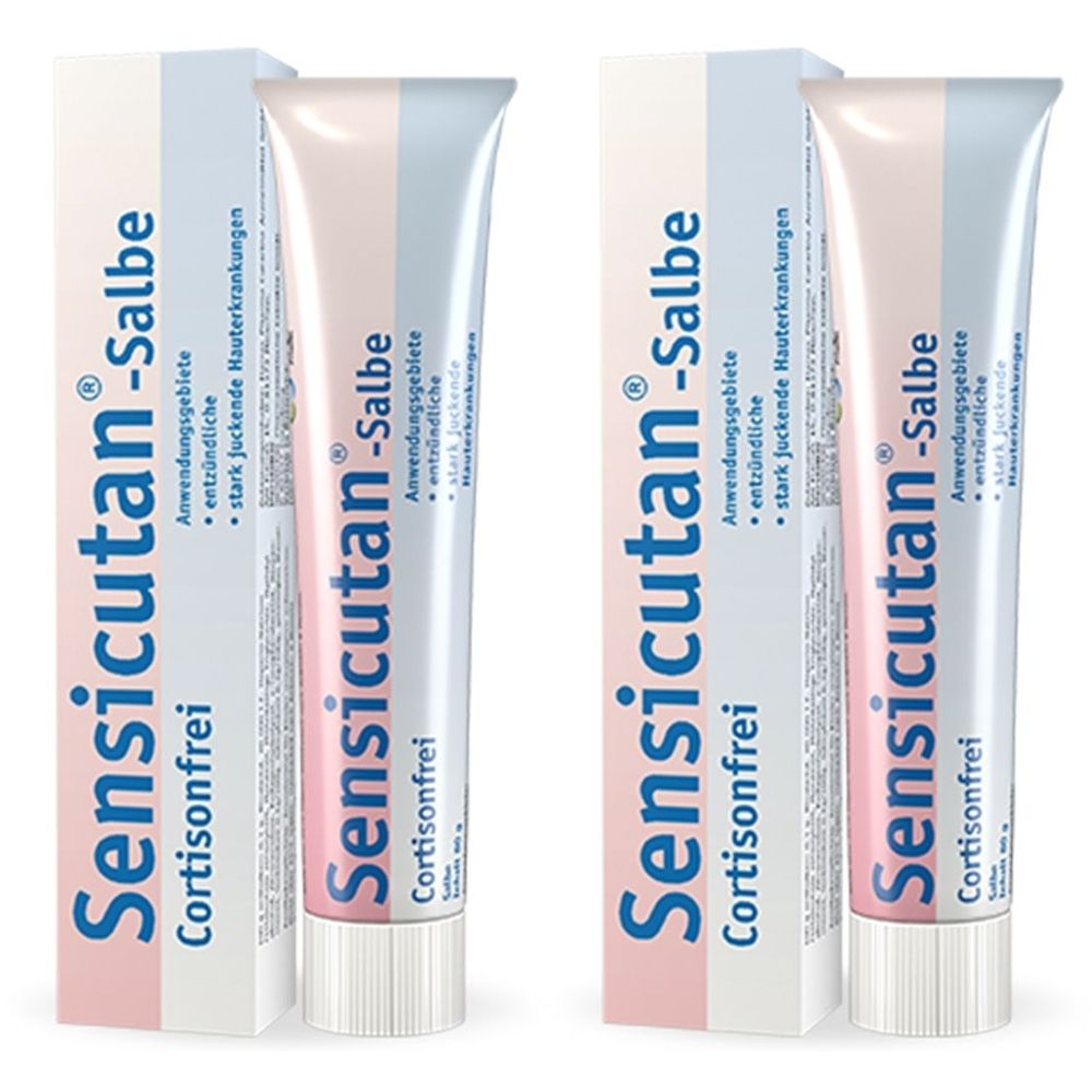 Zwei Tuben und Schachteln. Auf den Tuben steht "Sensicutan-Salbe". Auf den Schachteln steht "Cortisonfrei".