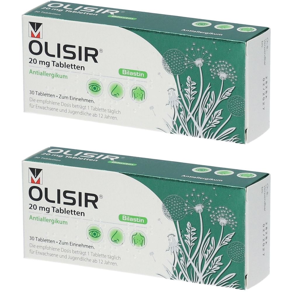 Zwei Schachteln Olisir 20 mg Tabletten. Weiße Schachteln mit grünen Akzenten und Produktinformationen. Enthält Bilastin. Aufschrift: Antiallergikum.