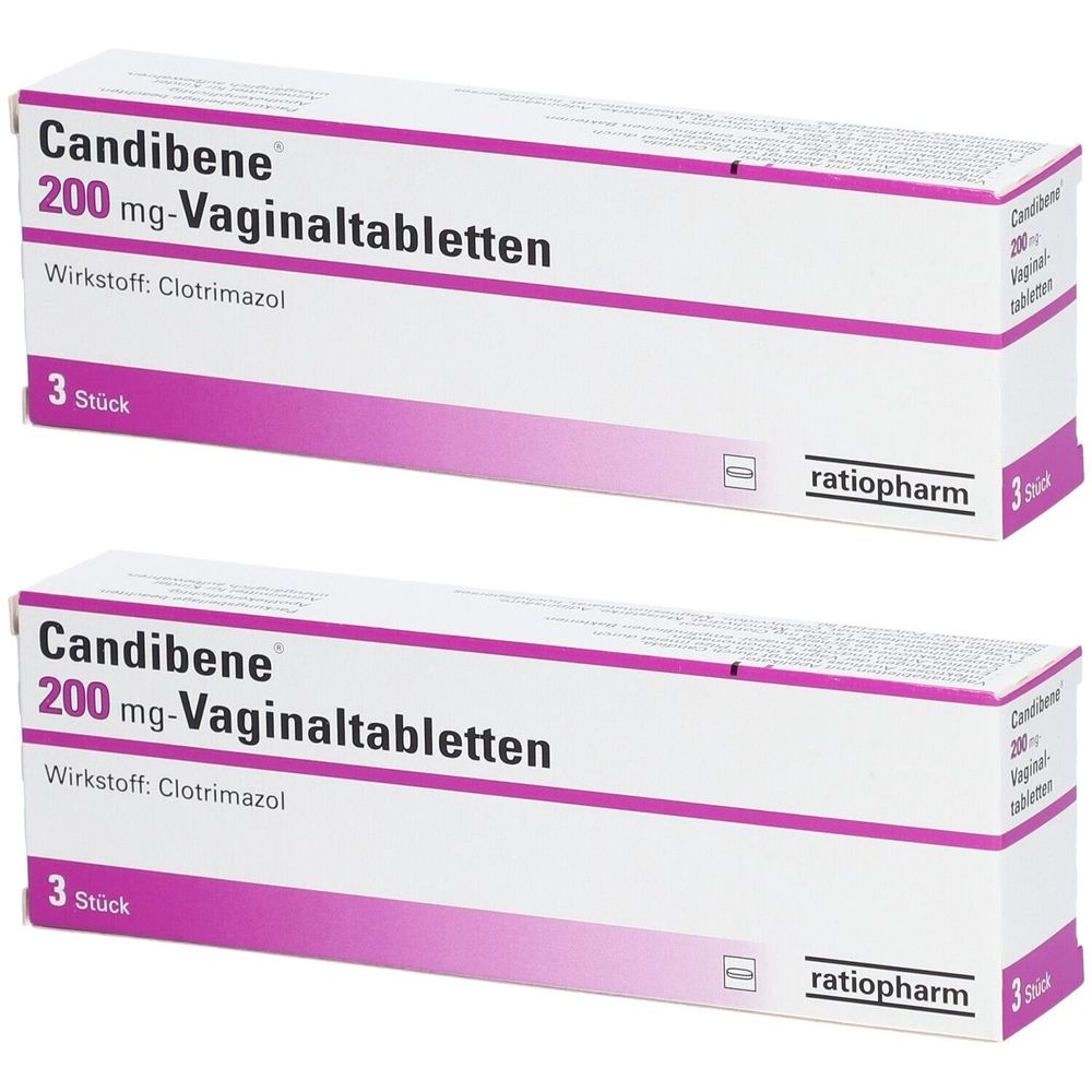 Zwei Schachteln Candibene Vaginaltabletten. Aufschrift: 200 mg, 3 Stück. Marke: ratiopharm. Rosa und weiße Verpackung.