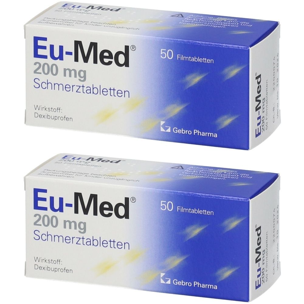 Zwei Schachteln Eu-Med 200 mg Schmerztabletten. Aufschrift: 50 Filmtabletten. Wirkstoff: Dexibuprofen. Hersteller: Gebro Pharma.