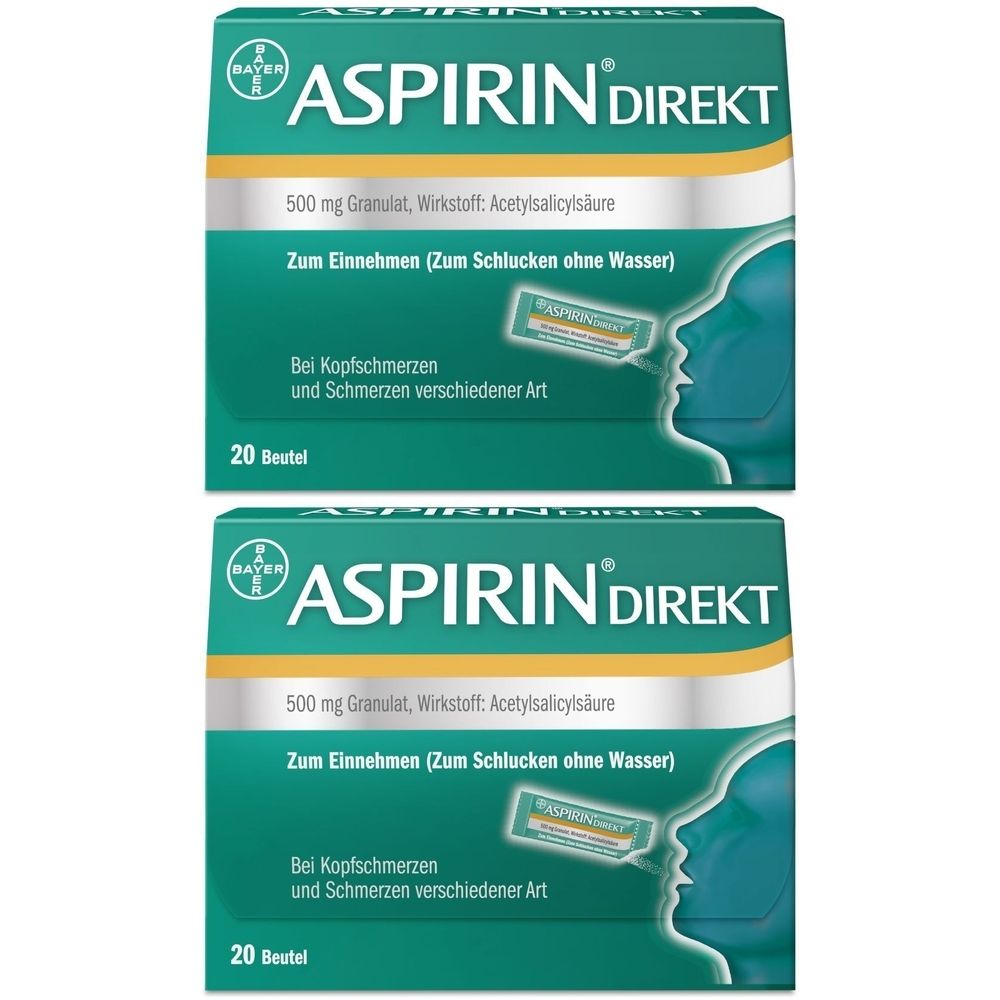 Zwei Packungen Aspirin Direkt. Grün-weißes Design mit Produktnamen und Inhaltsangaben. Enthält 20 Beutel. Bayer-Logo.