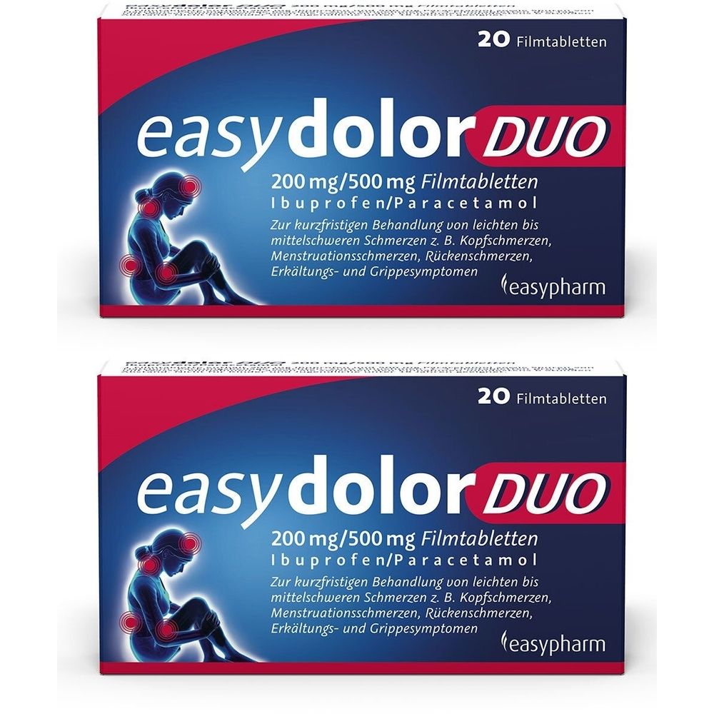 Zwei Packungen easydolor DUO. Blaue und rote Schachteln mit Produktinformationen und einer Abbildung einer Person mit Schmerzen.