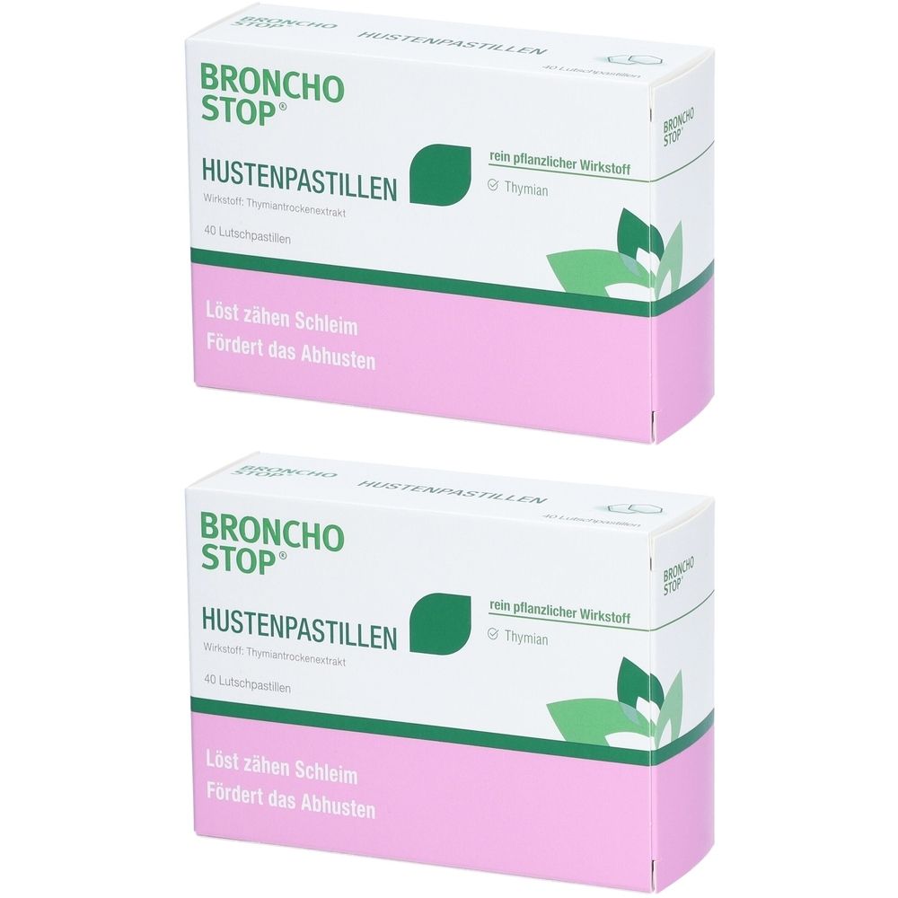 Zwei Packungen Hustenpastillen. Weißer Karton mit rosa Unterseite. Aufschrift: BRONCHO STOP, HUSTENPASTILLEN, Thymian. Löst zähen Schleim.