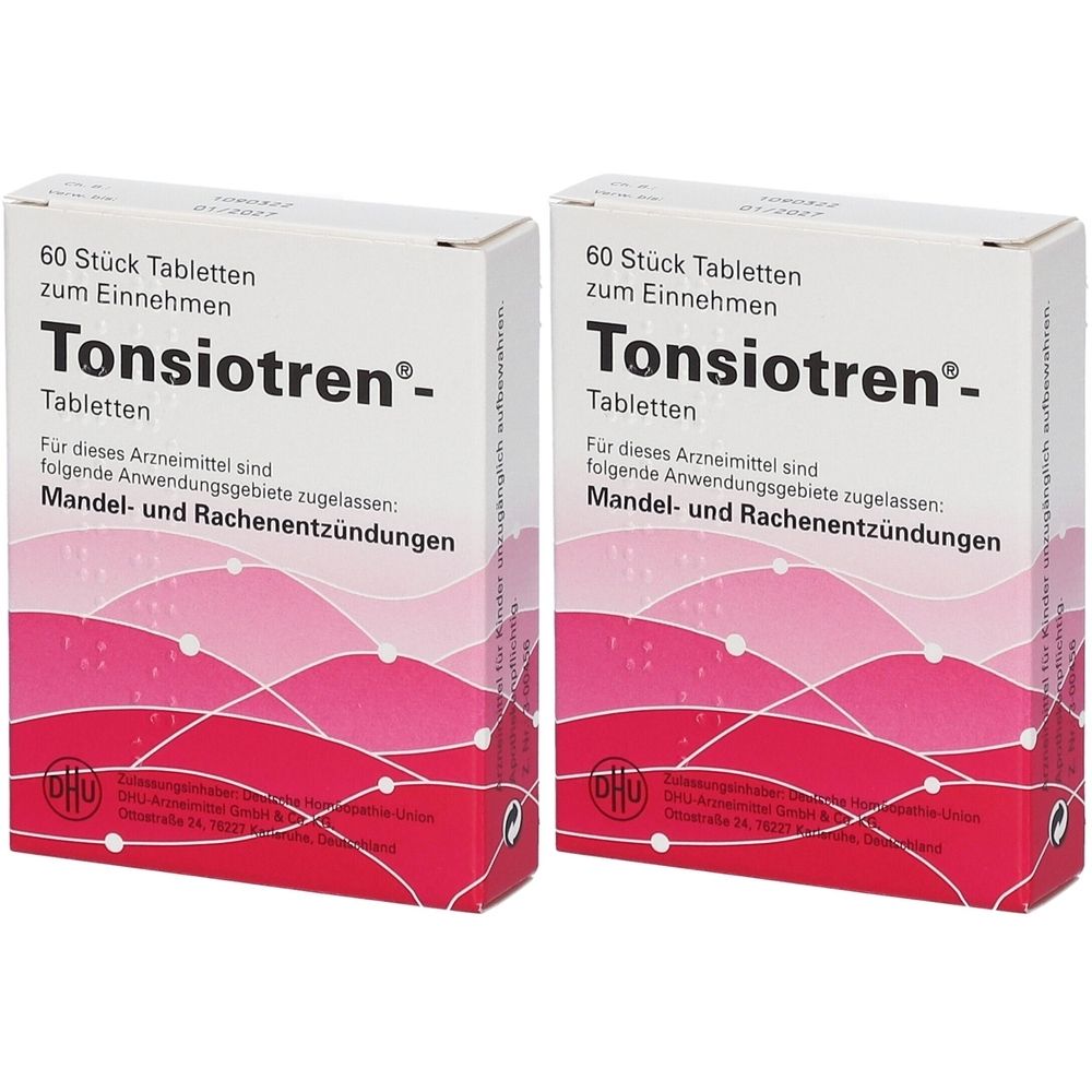 Zwei Schachteln DHU Tonsiotren Tabletten. Aufschrift: 60 Stück Tabletten, zur Einnahme. Für Mandel- und Rachenentzündungen.