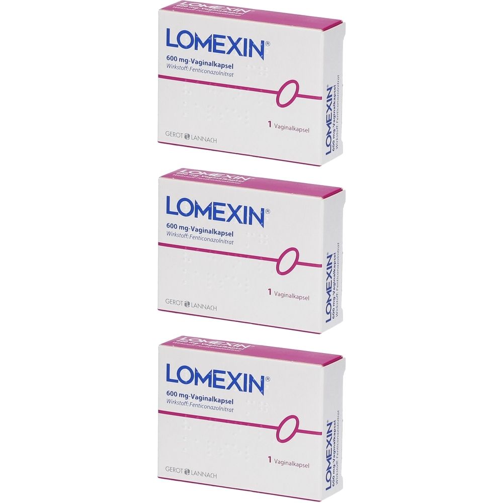 Drei Schachteln Lomexin 600 mg Vaginalkapseln. Weiße Verpackung mit pinkfarbenen Akzenten und Produktinformationen. Jede Schachtel enthält eine Kapsel.