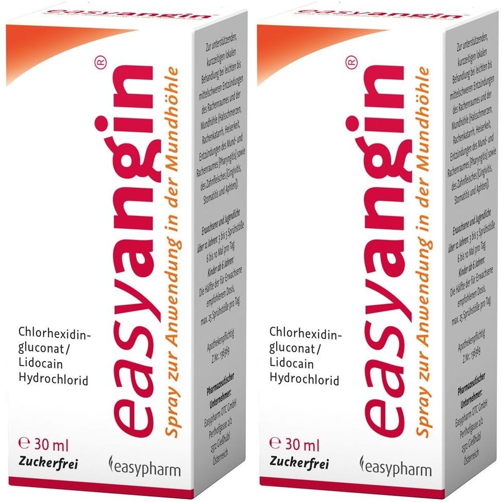 Zwei weiße Schachteln mit roter Aufschrift "easyangin". Text: Spray zur Anwendung in der Mundhöhle. Inhaltsstoffe: Chlorhexidin, Lidocain.