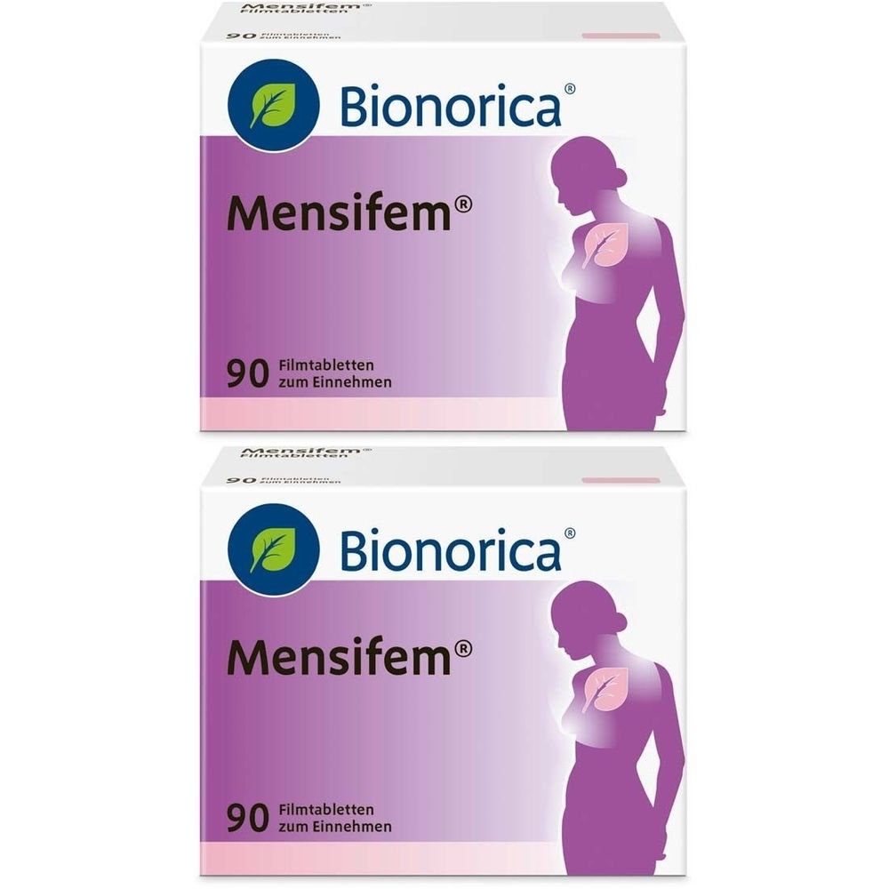Zwei Packungen Mensifem® Filmtabletten. Aufschrift: Bionorica, Mensifem®, 90 Filmtabletten zum Einnehmen. Abbildung einer Frau.