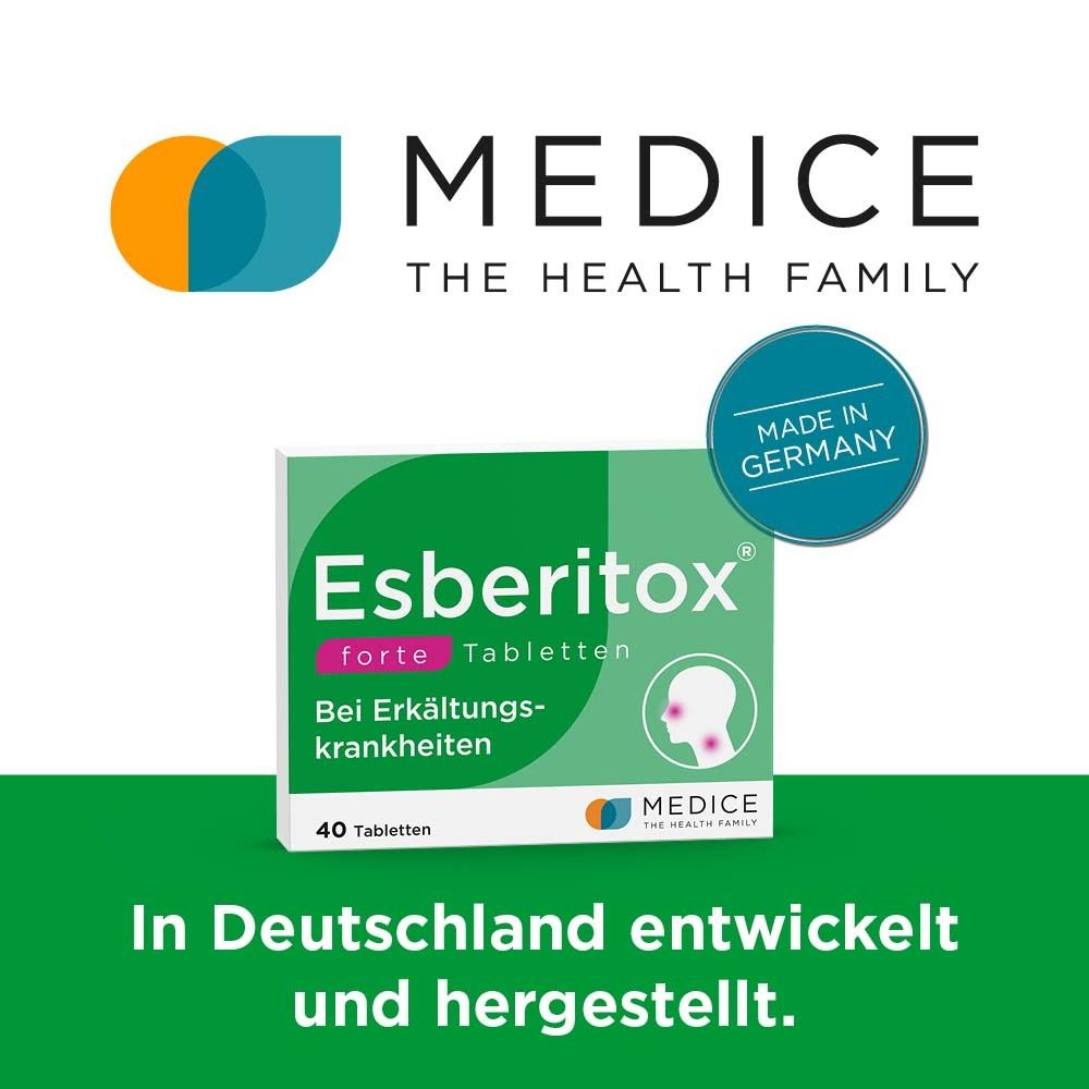 Schachtel Esberitox® forte Tabletten. Logo MEDICE, Made in Germany. Text: In Deutschland entwickelt und hergestellt.