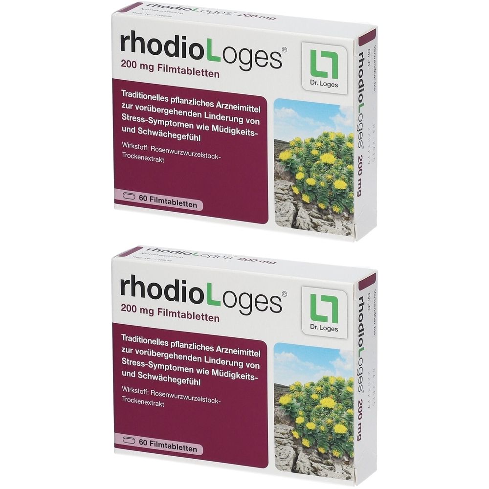 Zwei Schachteln RhodioLoges 200 mg Filmtabletten. Weiße Verpackung mit lila und grünen Akzenten. Aufschrift: „Traditionelles pflanzliches Arzneimittel“.