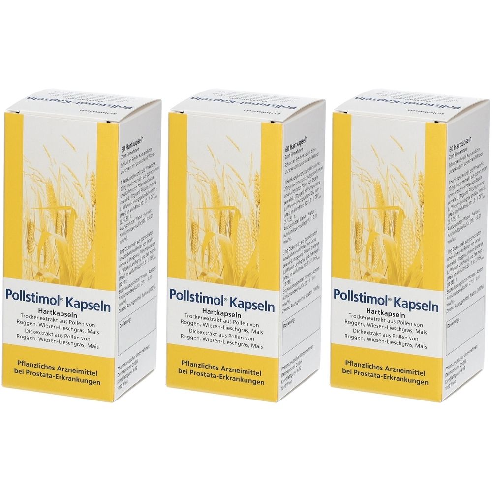 Drei Pollstimol® Kapseln-Verpackungen. Weiße Schachteln mit gelben Akzenten und Produktnamen. Text: Pflanzliches Arzneimittel bei Prostata-Erkrankungen.