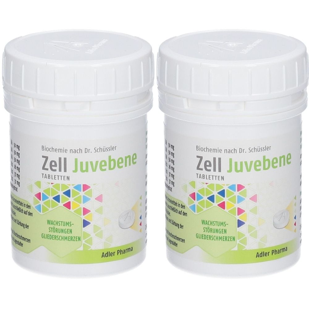 Zwei weiße Tablettenbehälter mit Schraubverschluss. Aufschrift: Zell Juvebene Tabletten, Adler Pharma. Angaben zu Wachstumsstörungen und Gliederschmerzen.