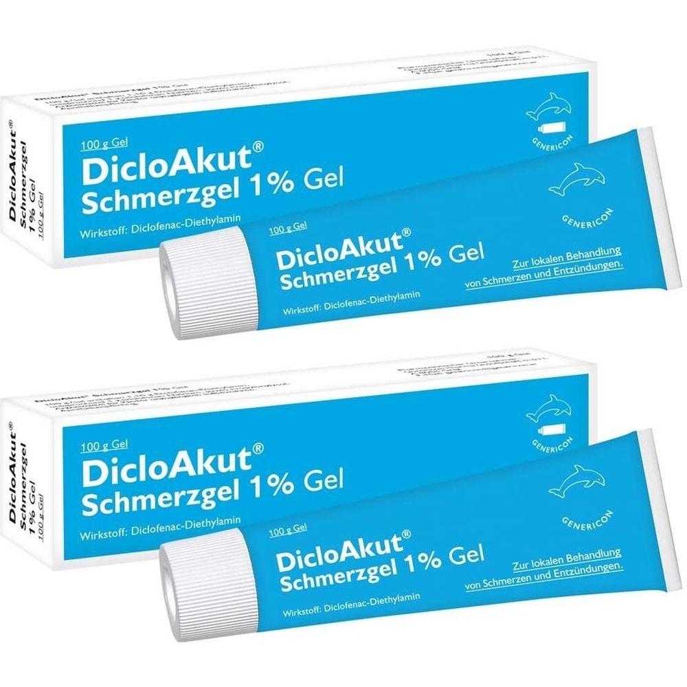 Zwei Tuben und zwei Schachteln DicloAkut Schmerzgel 1% Gel. Blaue Tuben mit weißem Verschluss. Weiße Schachteln mit blauer Schrift.