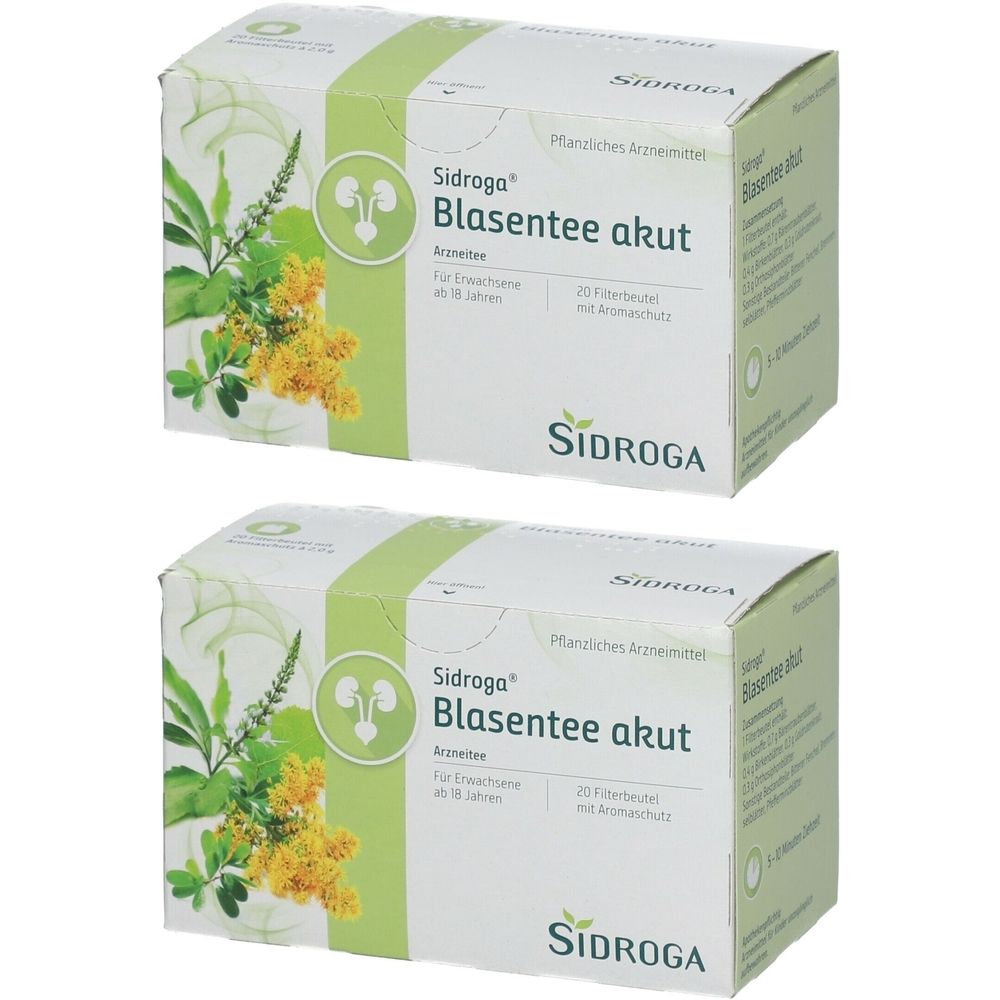 Zwei Kartons Sidroga Blasentee akut. Weiß mit grünen Akzenten, Pflanzenabbildung und Produktinformationen. Marke Sidroga.