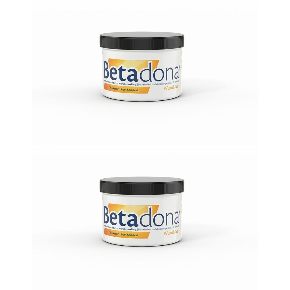 Zwei weiße Tiegel mit schwarzem Deckel. Aufschrift: Betadona Wund-Gel.
