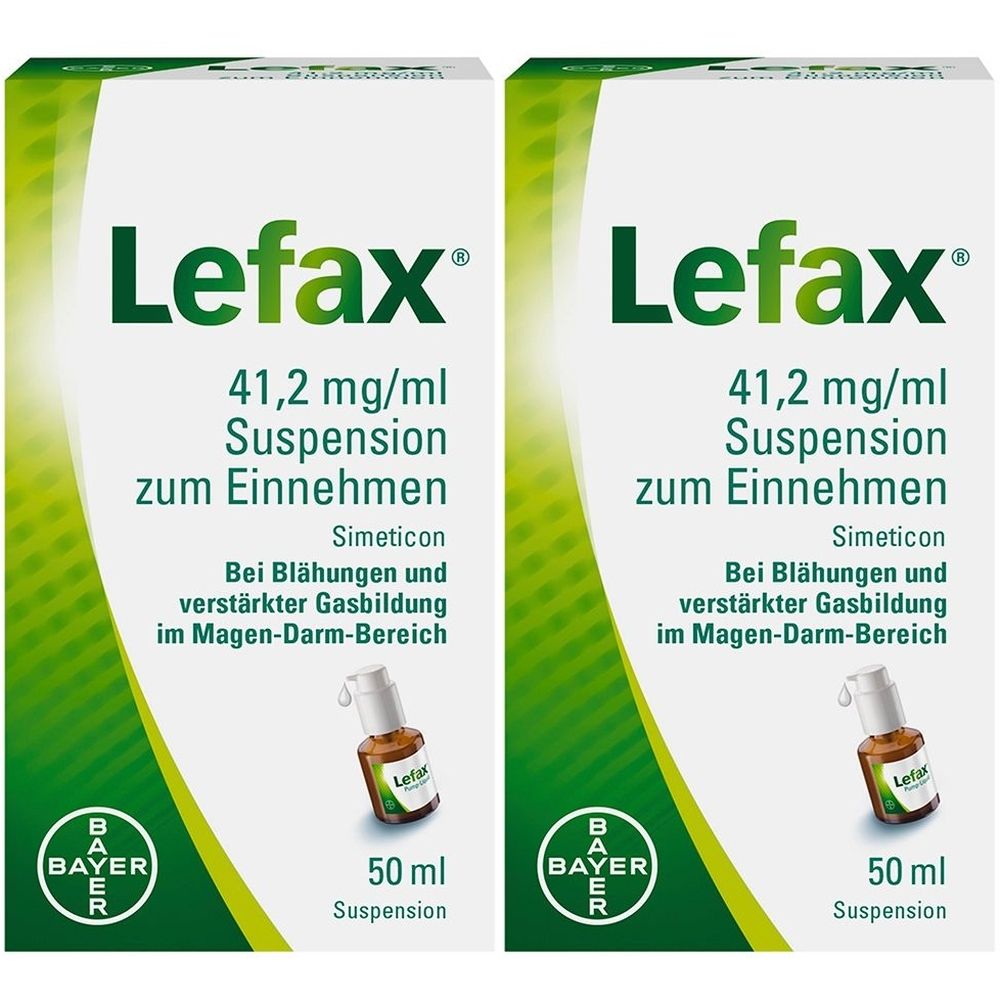 Zwei Kartons Lefax Suspension. Aufschrift: 41,2 mg/ml, Suspension zum Einnehmen. Fläschchen mit Dosierhilfe.