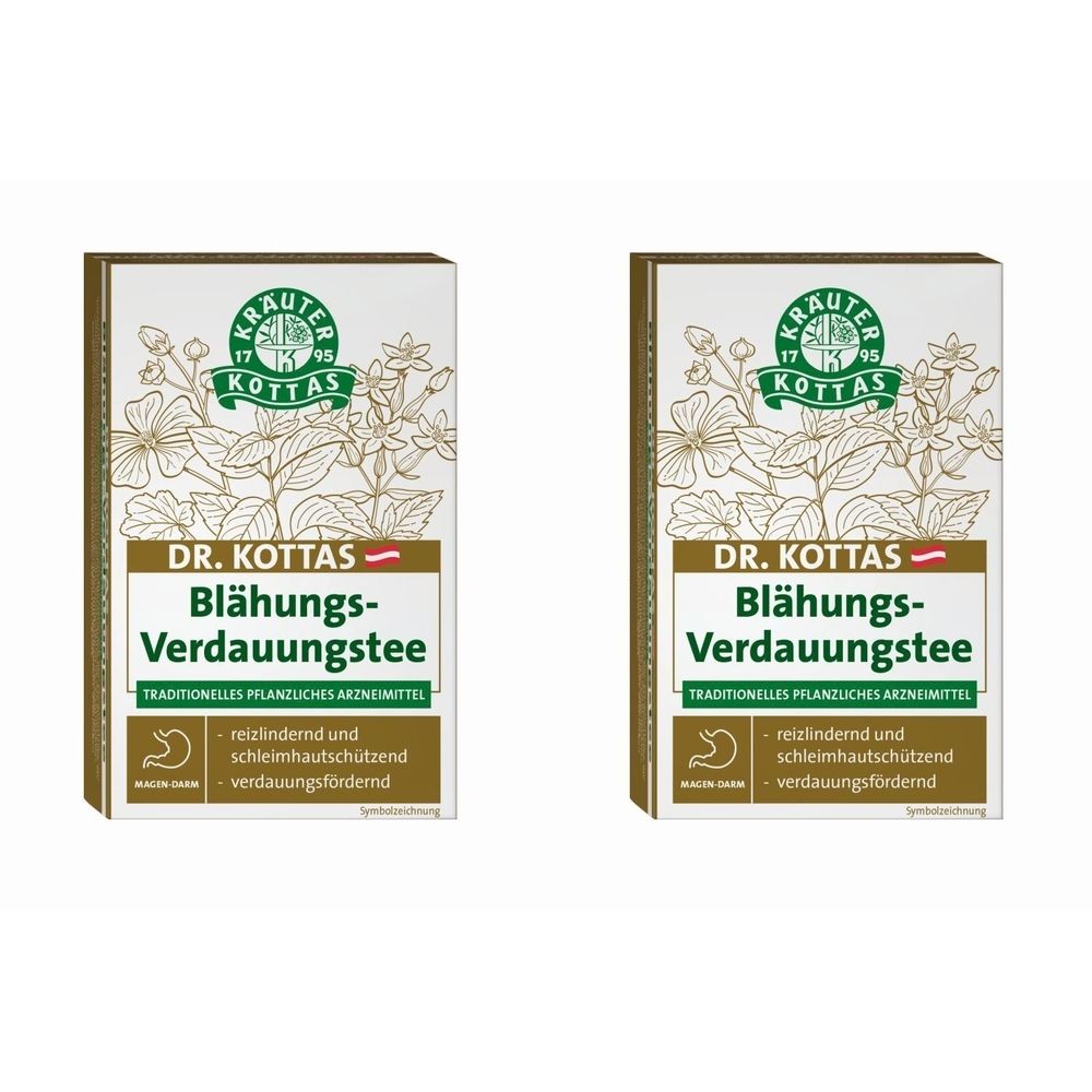 Zwei rechteckige Kartons mit dem Aufdruck "DR. KOTTAS Blähungs-Verdauungstee". Aufschrift: reizlindernd und schleimhautschützend, verdauungsfördernd.