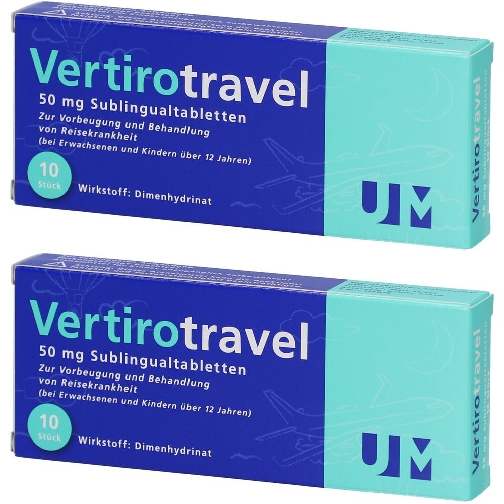 Zwei Schachteln Vertirotravel 50 mg. Blaue und türkisfarbene Verpackung mit Produktnamen und Inhaltsangaben. 10 Tabletten pro Packung.