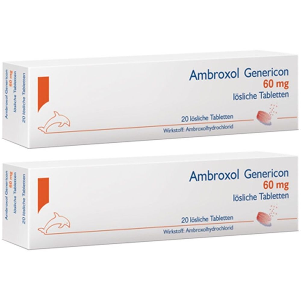 Zwei weiße Schachteln mit der Aufschrift "Ambroxol Genericon 60 mg lösliche Tabletten". Enthält 20 Tabletten.