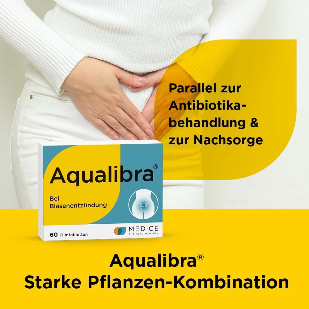 Aqualibra®-Verpackung neben einer Person. Gelb-blaue Verpackung mit Produktnamen und Logo. 60 Filmtabletten.