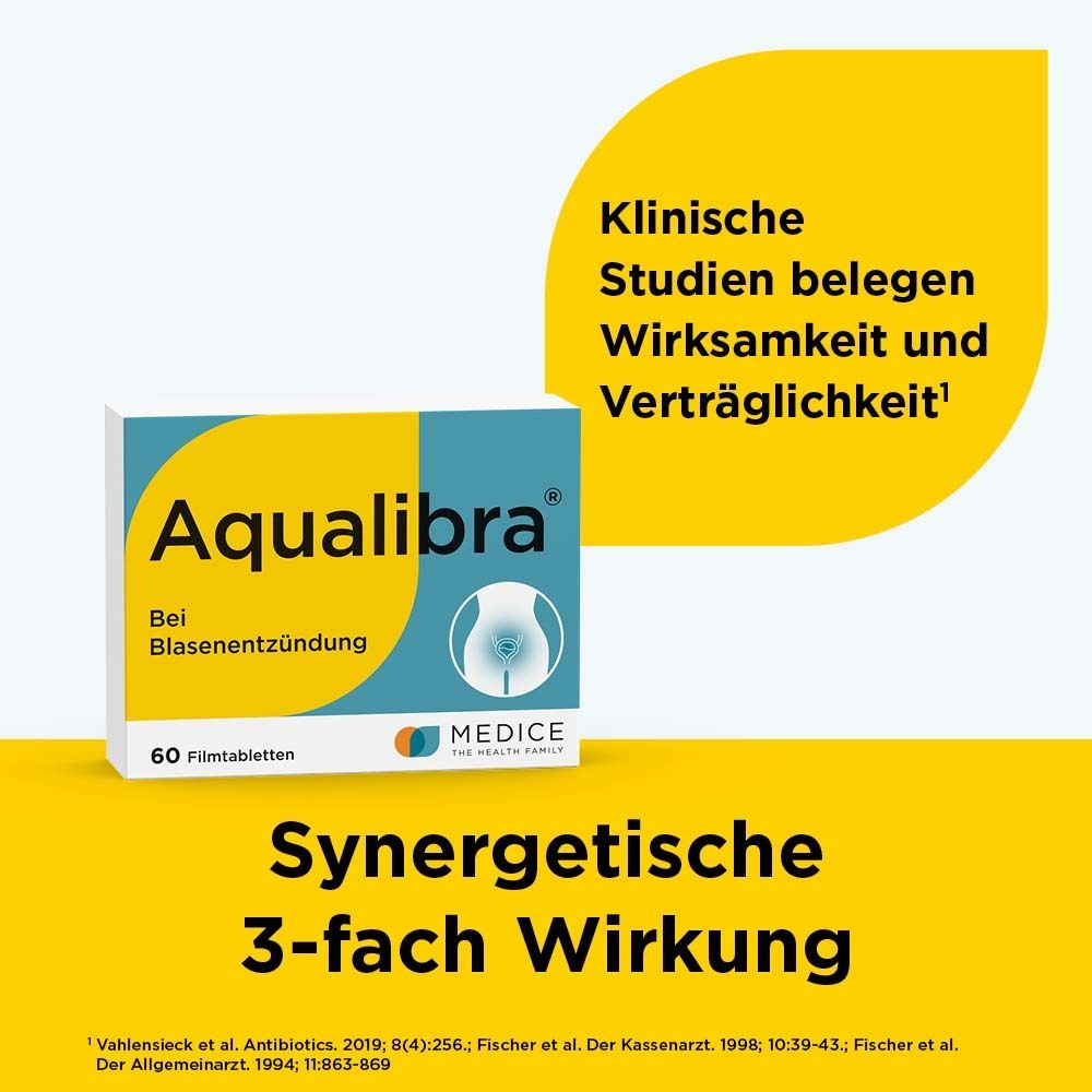 Aqualibra®-Verpackung mit gelbem Hintergrund. Gelb-blaue Verpackung mit Produktnamen und Logo. 60 Filmtabletten.