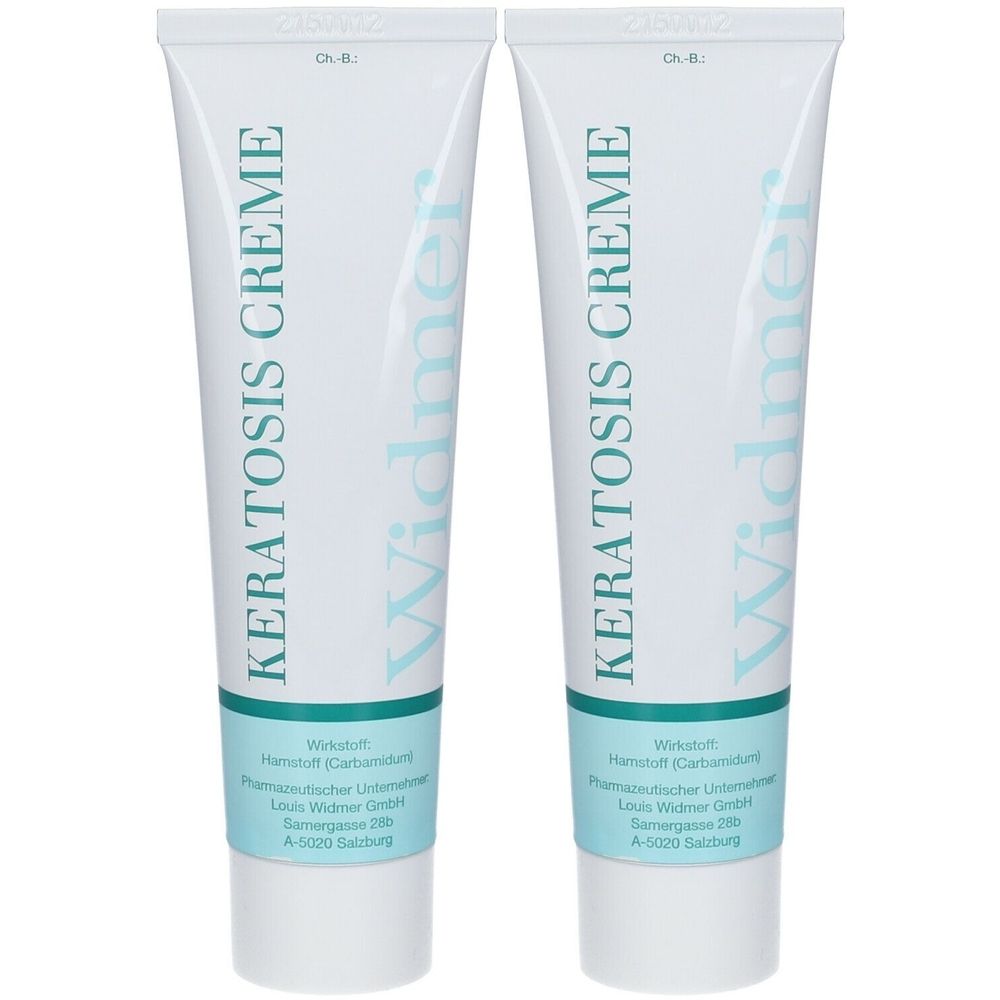 Zwei Tuben Keratosis Creme. Weiße Tuben mit grüner Schrift. Aufschrift: Widmer, Keratosis Creme. Unterer Teil türkis.