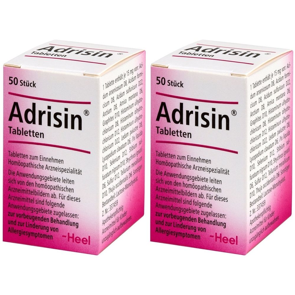 Zwei Schachteln Adrisin Tabletten. Weiße Verpackung mit pinkfarbenen Akzenten. Aufschrift: Adrisin Tabletten, 50 Stück. Heel Logo.
