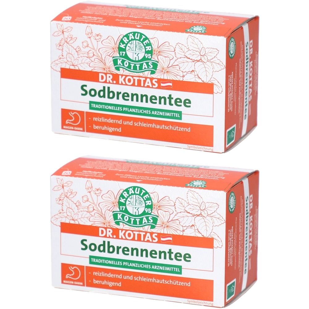 Zwei Schachteln mit DR. KOTTAS Sodbrennentee. Orange-weißes Design mit Produktnamen und Logo. Traditionelles pflanzliches Arzneimittel.