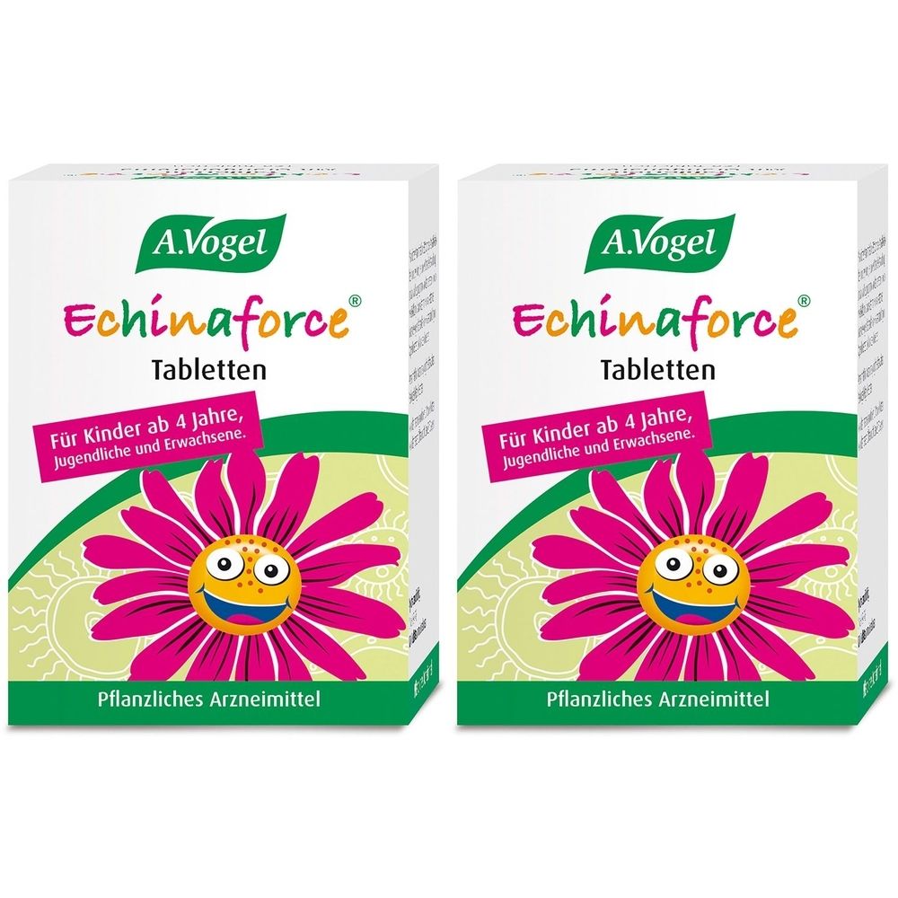 Zwei Schachteln mit A. Vogel Echinaforce Tabletten. Aufdruck: Für Kinder ab 4 Jahre, Jugendliche und Erwachsene. Pflanzliches Arzneimittel.