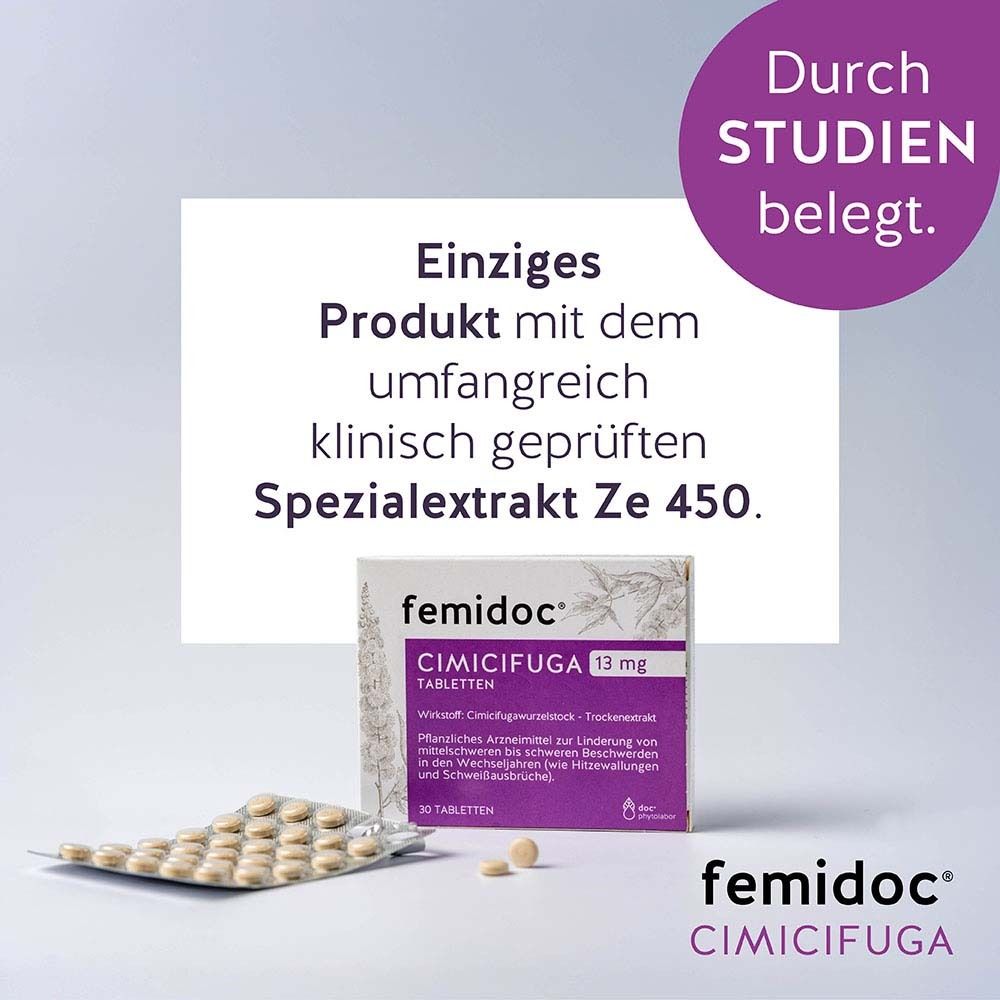 Verpackung und Blister mit Tabletten. Text: Einziges Produkt mit klinisch geprüftem Spezialextrakt Ze 450. femidoc® CIMICIFUGA 13 mg.