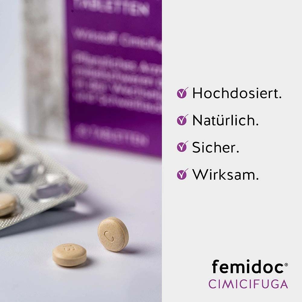 Tabletten auf Blister. Text: Hochdosiert. Natürlich. Sicher. Wirksam. Logo: femidoc CIMICIFUGA.