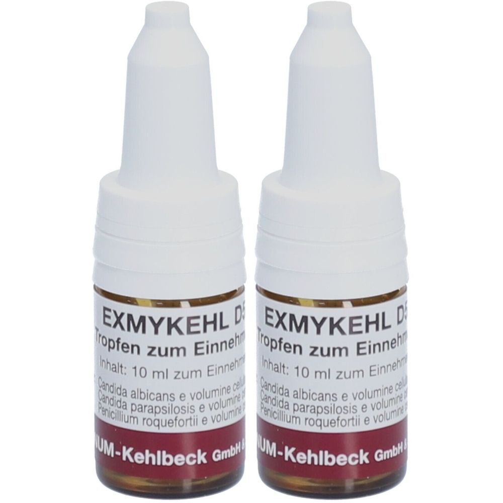 Zwei Fläschchen EXMYKEHL D, Tropfen zum Einnehmen. Weiße Kappe, braunes Glas. Beschriftung mit Produktname und Inhaltsangabe.