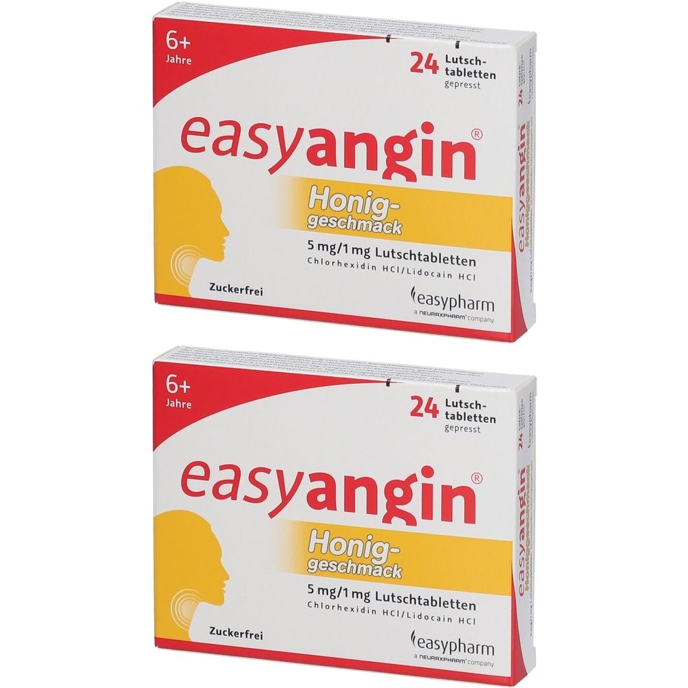 Zwei Packungen easyangin® Honiggeschmack. Weiße Schachteln mit roter und gelber Schrift. 24 Lutschtabletten, zuckerfrei.